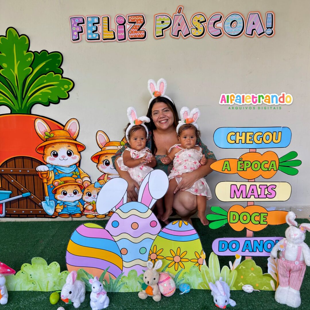 Painel 3D para fotos de Páscoa - Família coelho